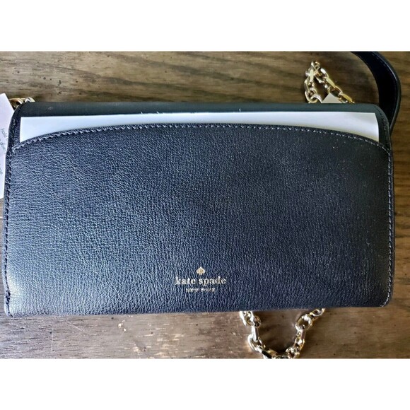 Kate Spade Grain Leather Robyn Small Flap Chain Wallet Crossbody Strap Black NWT - Picture 4 of 11